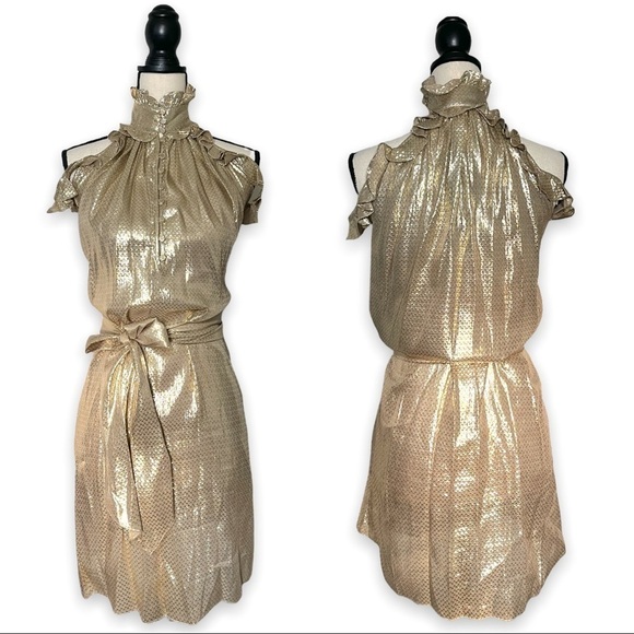 NWT Rachel Zoe Metallic Gold Ruffle High Neck Mini Dress sz 0 - Picture 11 of 12